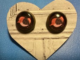 Handmade, Schöne Ohrstecker Ohrringe in rosa braun mit Vogel