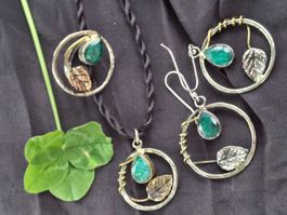 Vintage Set; Halskette, Ohrringe & Ring mit Smaragde S925