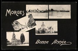AK Morges, Vues multiples avec château, église, rue et prome