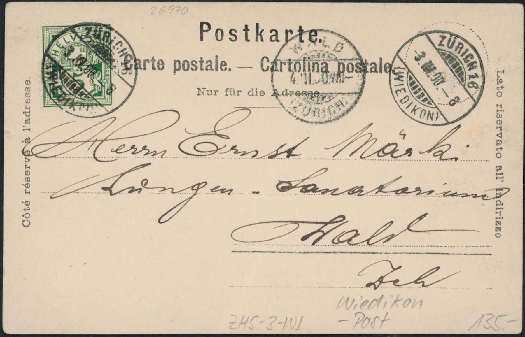 Cartoline postali: ZHS Wiedikon - Zürich - Post – Usato da Schindellegi venduto da leecollect 1