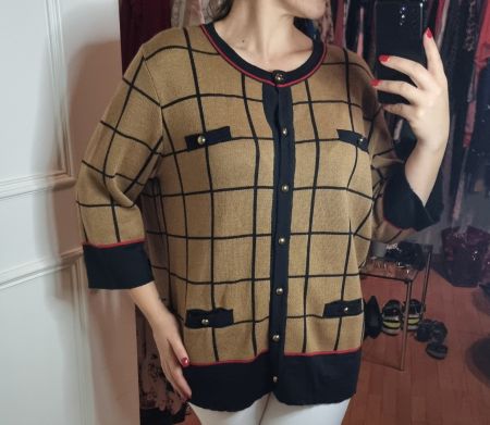 Schicke Damen Strickjacke Gr. 48/50  Braun/Schwarz kariert