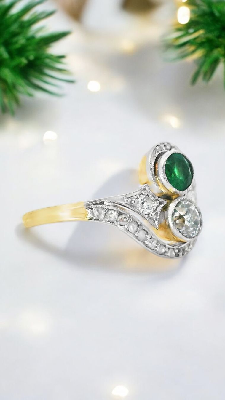 Anelli: Toi et Moi 18k Diamant u Smaragd Ring – Usato da Embrach venduto da estzeh1 1