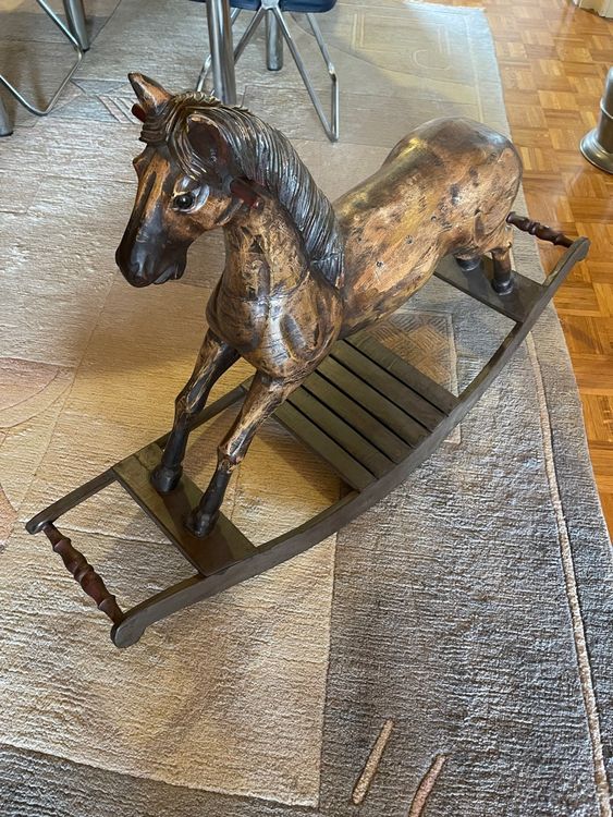 Cheval à Bascule Ancien En Bois Avec Roulettes - Occasion, Jouet Vintage, En Bon état Général