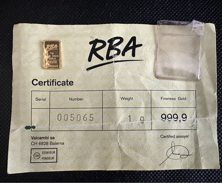 1g Goldbarren 999.9 RBA mit Zertifikat (Neu (gemäss Beschreibung)) in ...