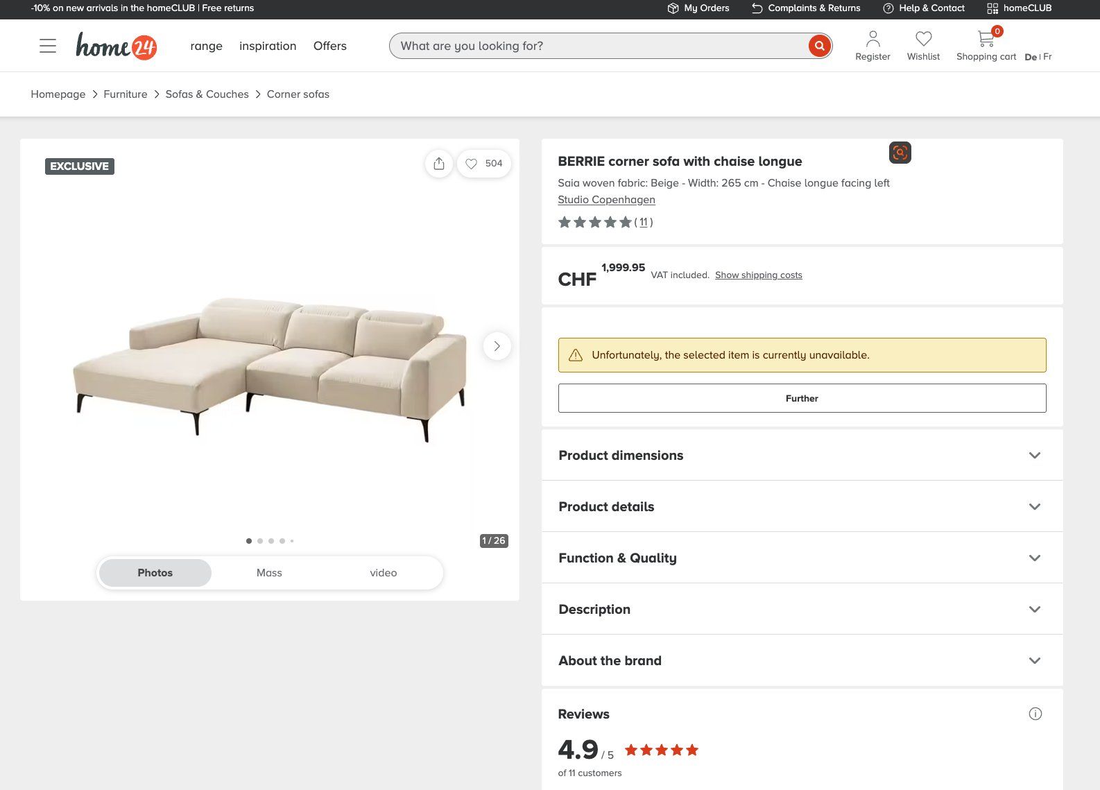 Divani: Studio Copenhagen BERRIE Ecksofa Longchair beige – Usato da Gattikon venduto da SwissYYY 9