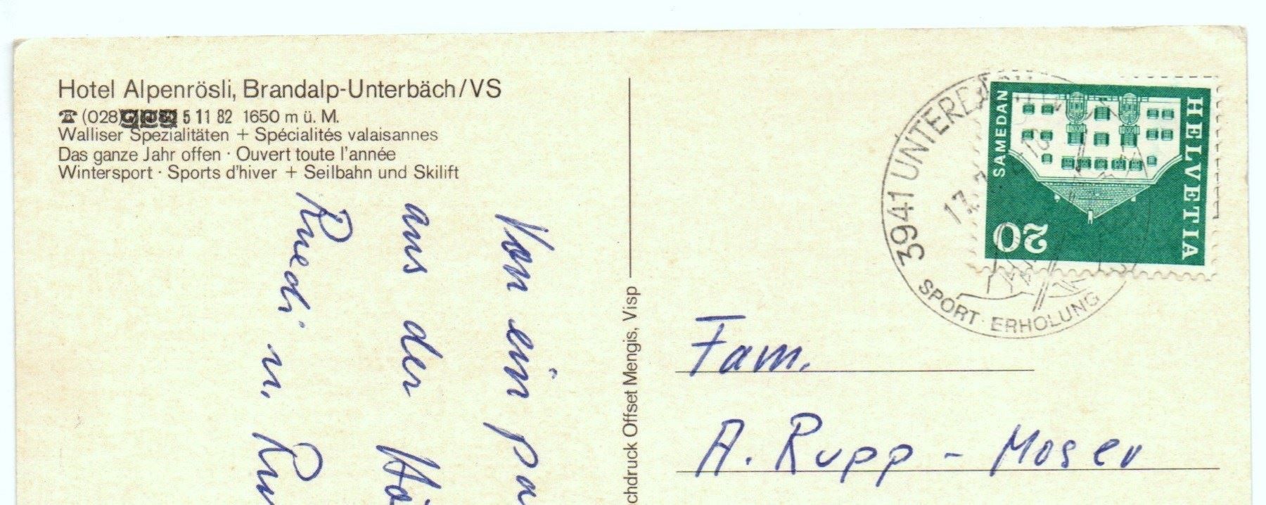 Cartoline postali: UNTERBÄCH Hotel Alpenrösli, Brandalp, Auto – Usato da Jona venduto da philajona 1