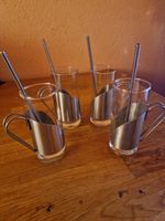 4 Gläser mit Metallhalterung und Strohhalm Set