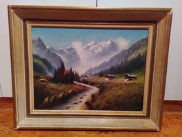 Berglandschaft mit Bach und Chalet, Öl auf Leinwand
