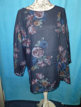 LEINEN SHIRT BLUSE OHNE KRAGEN BLAU BLUMEN XL SCHLITZE