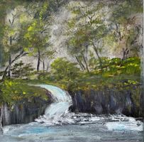 Maria Fischer Walpen, Acryl, Fluss im Wald, signiert