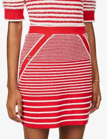 Maje Red & White Striped Cotton-Blend Knit Mini Skirt