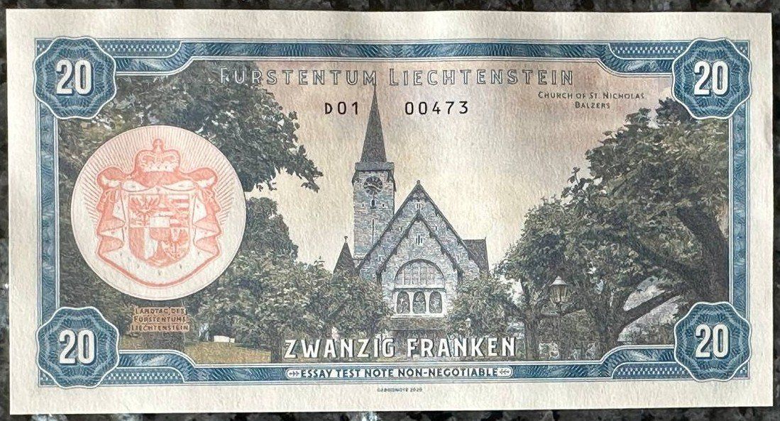 Banconote: Liechtenstein 20 Franken Note, Essay Note, Vaduz 2020 – Nuovo (secondo la descrizione) da Beringen venduto da Mantafisch1 1