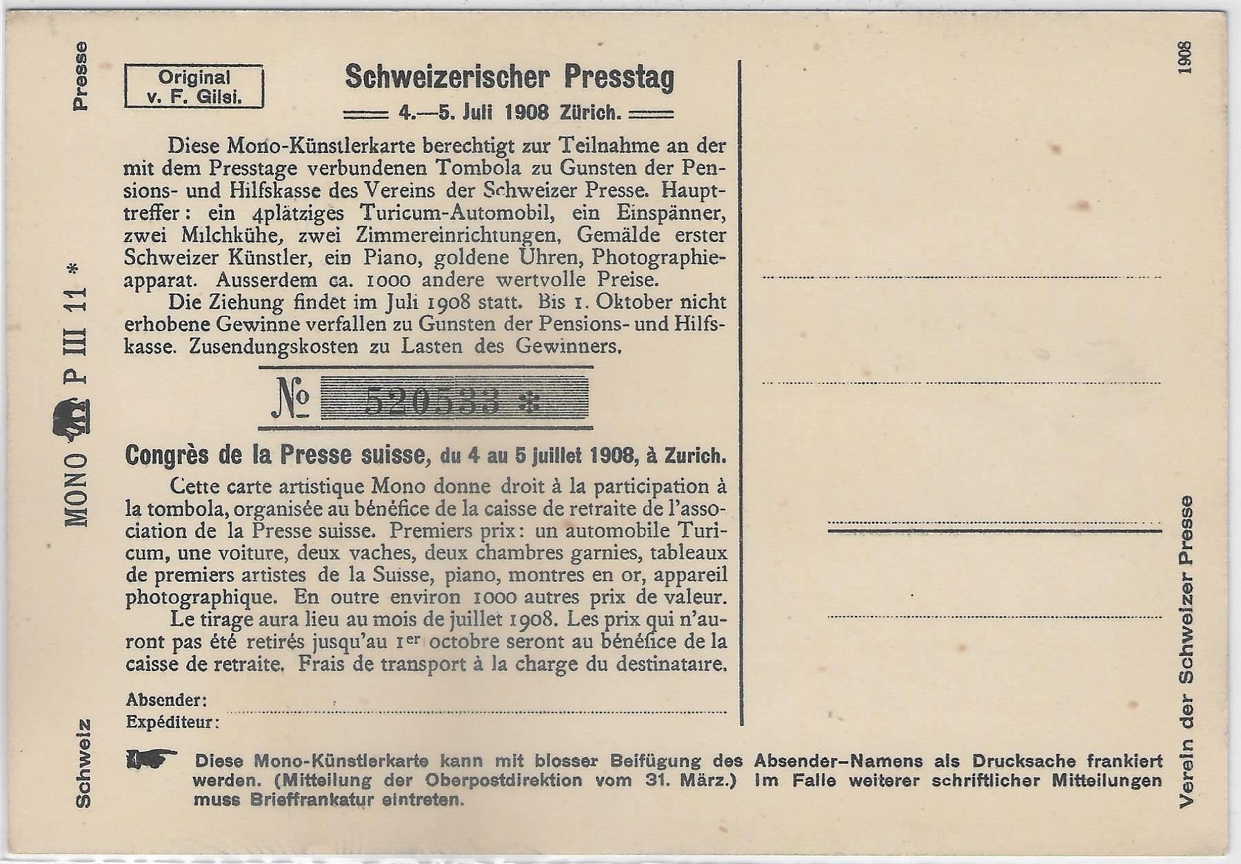 Cartoline postali: Carte Mono - Schweizerischer Presstag – Usato da Ettingen venduto da Kartenplanet 1
