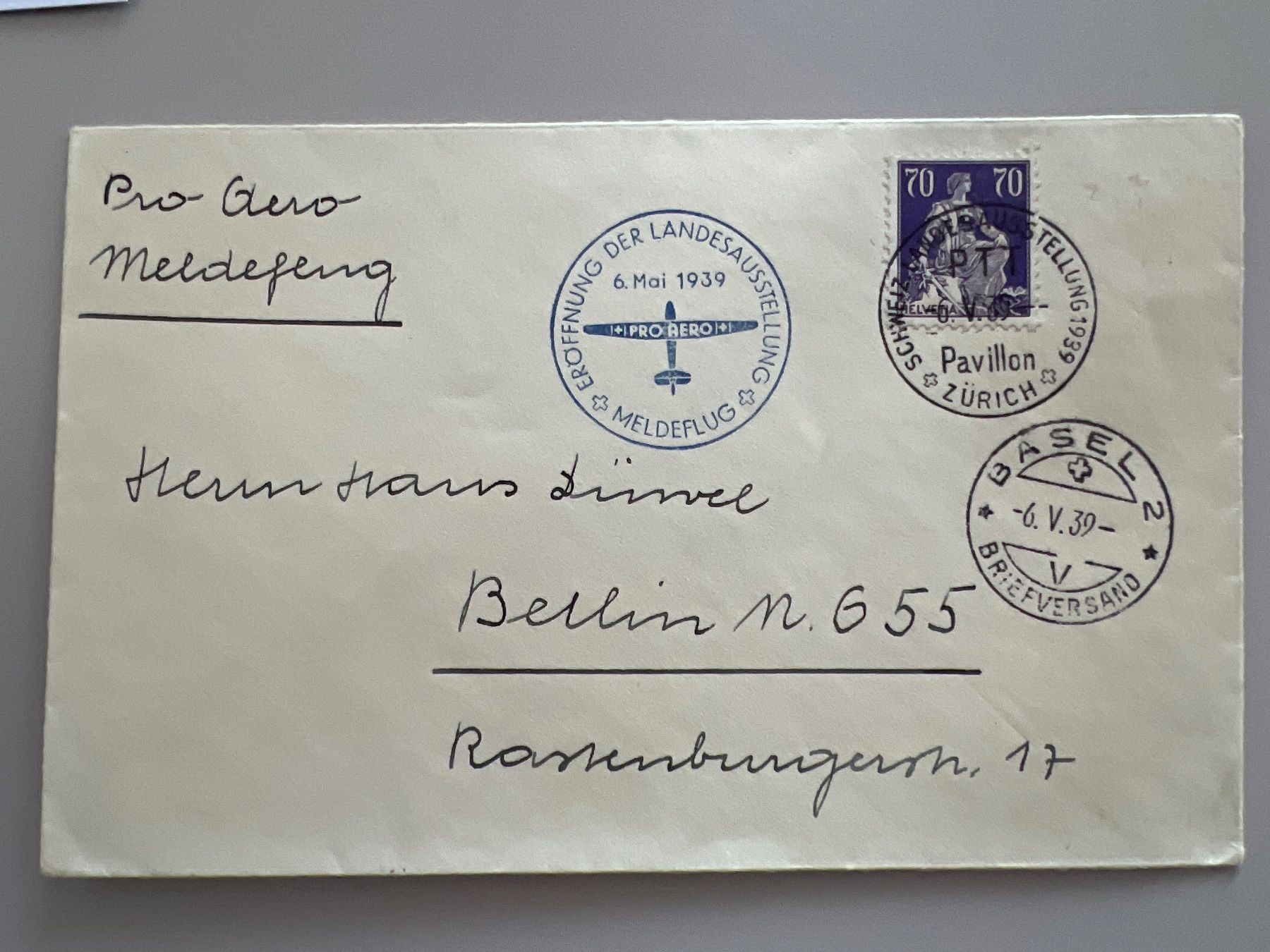 Alle Briefmarken: Landi Meldeflug nach Berlin 6.5.1939 – Gebraucht aus Buchrain von wmm