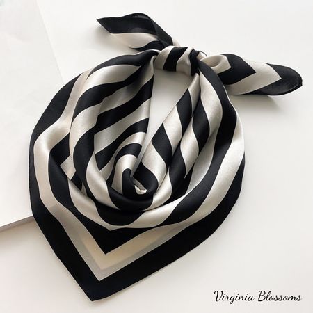 New 53cm Silk Scarf, Geometric Stripes Black White 100% Silk