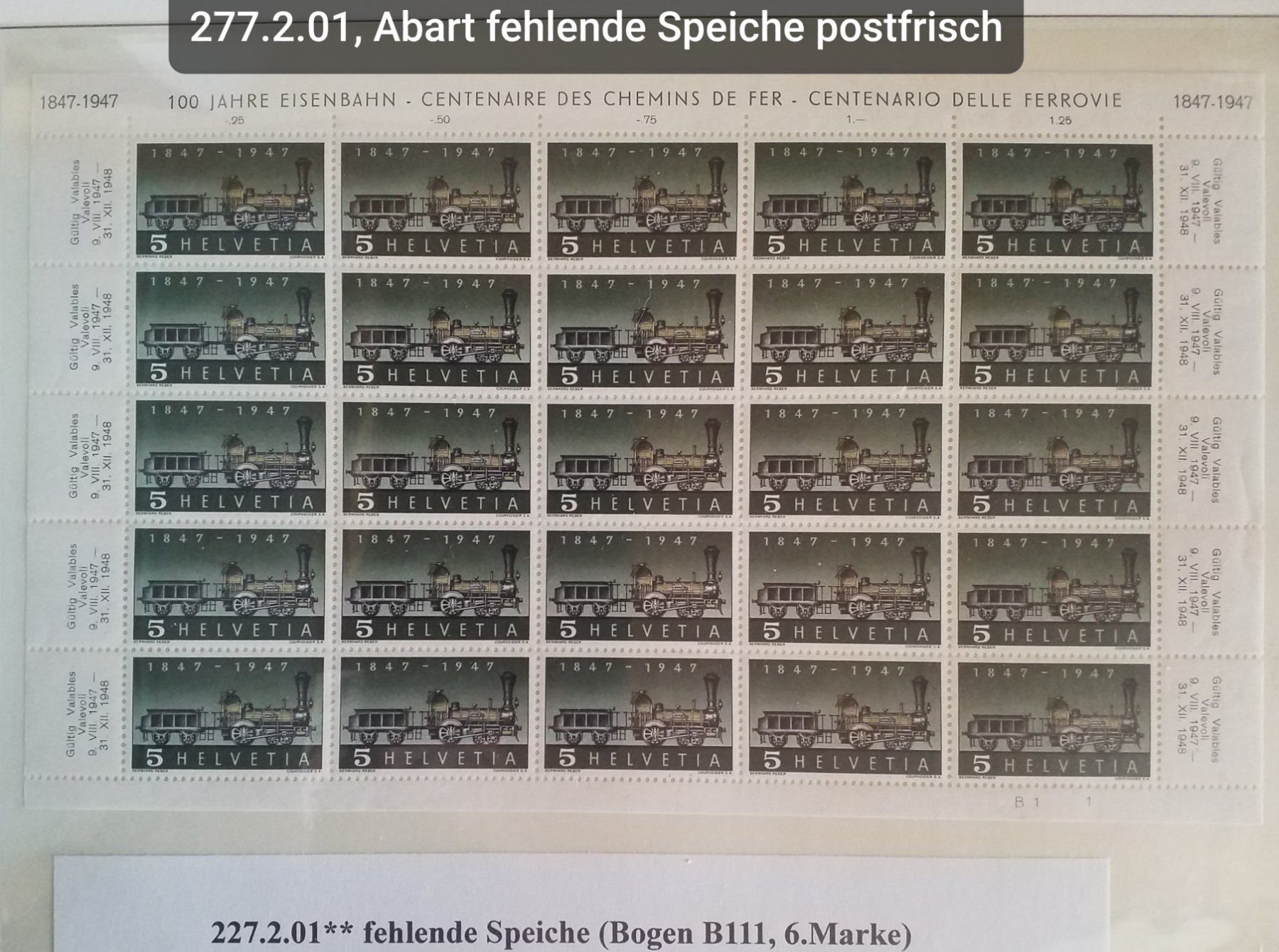 Tutti i francobolli: Nr. 277.2.01, fehlende Speiche, im Bogen postfrisch – Nuovo (secondo la descrizione) da Baden venduto da Eggi