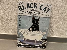 BLACK CAT & Organic Soap co 1975 Vintage Blechschild Neu