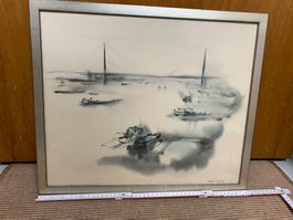 Aquarell Rhein bei Leverkusen, signiert Meyer-Gaster gerahmt