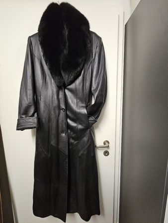 Manteau Japa/Cuir Noir Véritable/Col Fourrure Amovible/T:42