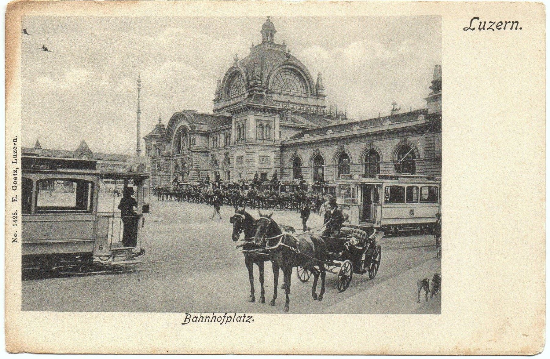 Ansichtskarten: LUZERN Bahnhofplatz mit Tram & Kutsche – Gebraucht aus Jona von philajona