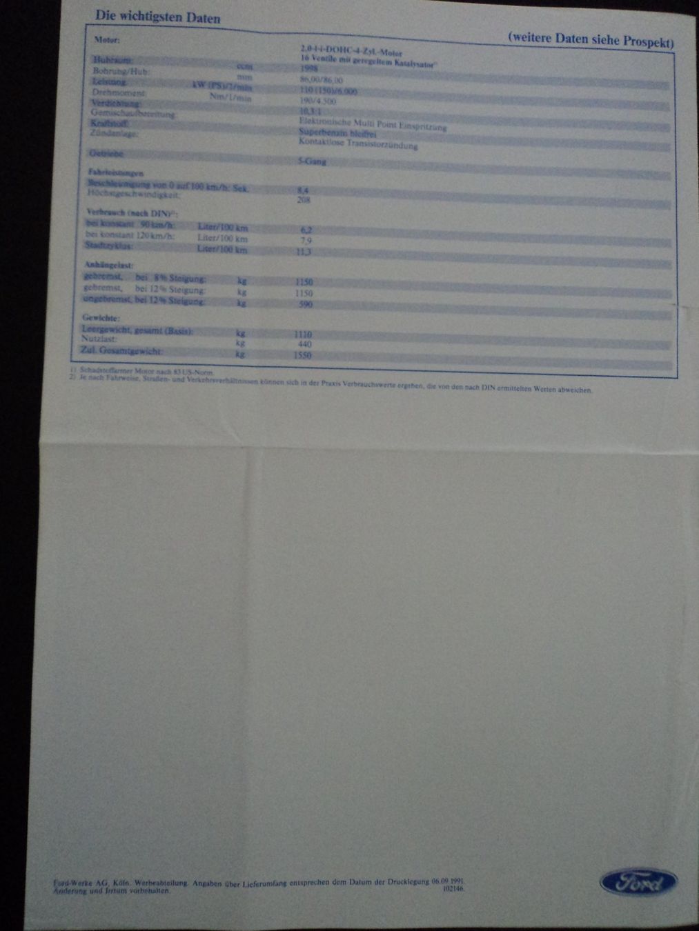 Ford Documenti: Prospekt Preise Technische Daten Ford Escort RS 2000 1991 – Usato da Schwarzenburg venduto da modelCARama 5