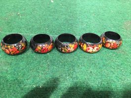 5er Set Vintage Holz Serviettenringe, handbemalt, Top! (52)