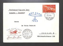 1946 Flugpost F41 PRO AERO illustriert LOCARNO-LAUSANNE
