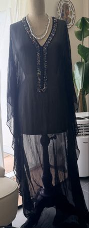 Black kaftan dress embellished V-neck size S