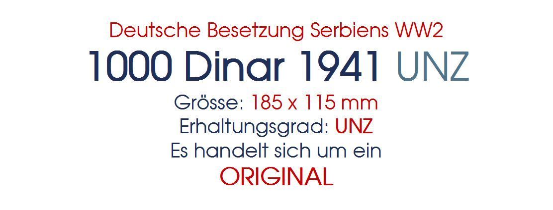 Banconote: 1000 Dinar 1941 WW2 UNZ – Nuovo (secondo la descrizione) da Flamatt venduto da samowarow 1