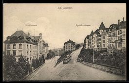 AK St. Gallen, Speicherstrasse mit Strassenbahn und Schülerh