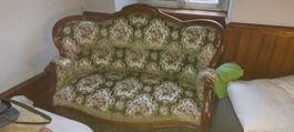 Antikes Sofa / Canapé, Vintage, grün gemustert, mit 2 Stühle