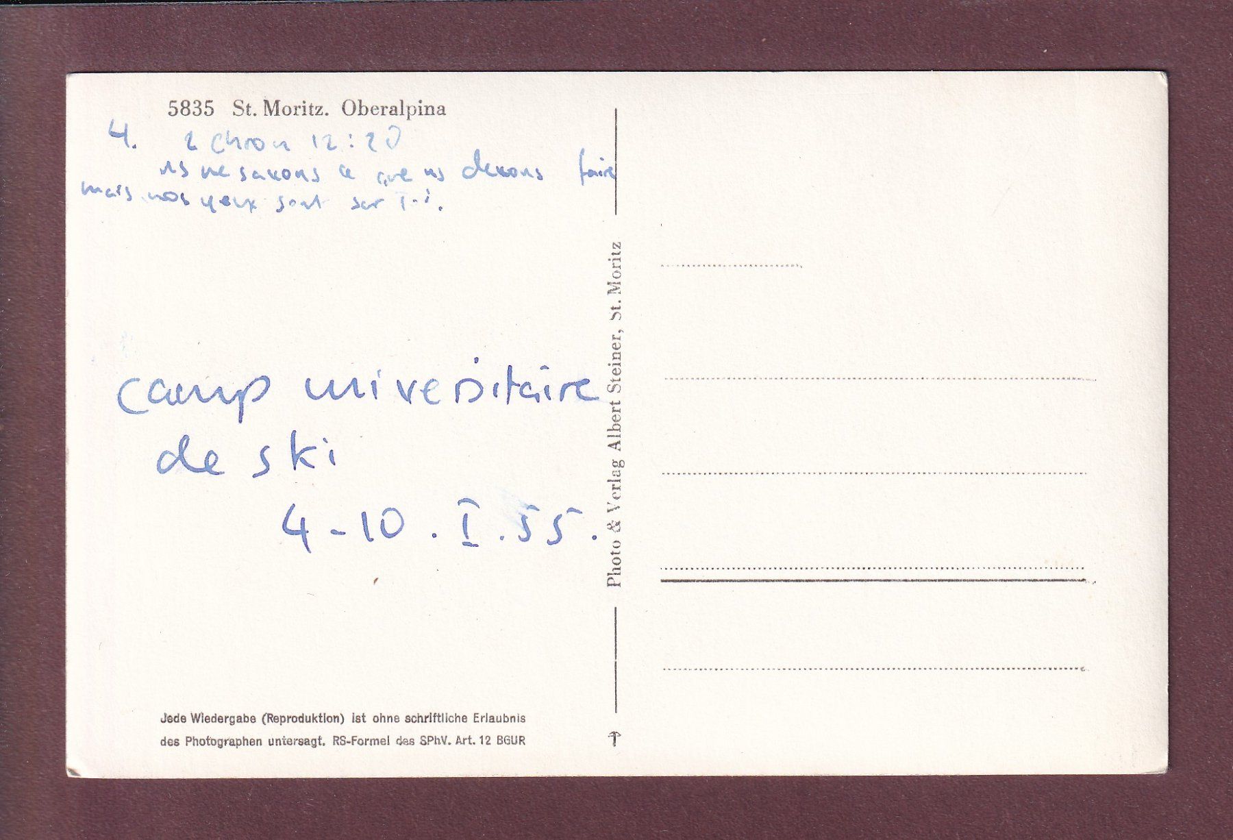 Cartes postales: ST. MORITZ - Oberalpina - 1955 – D'occasion à Pully par nicecards 1