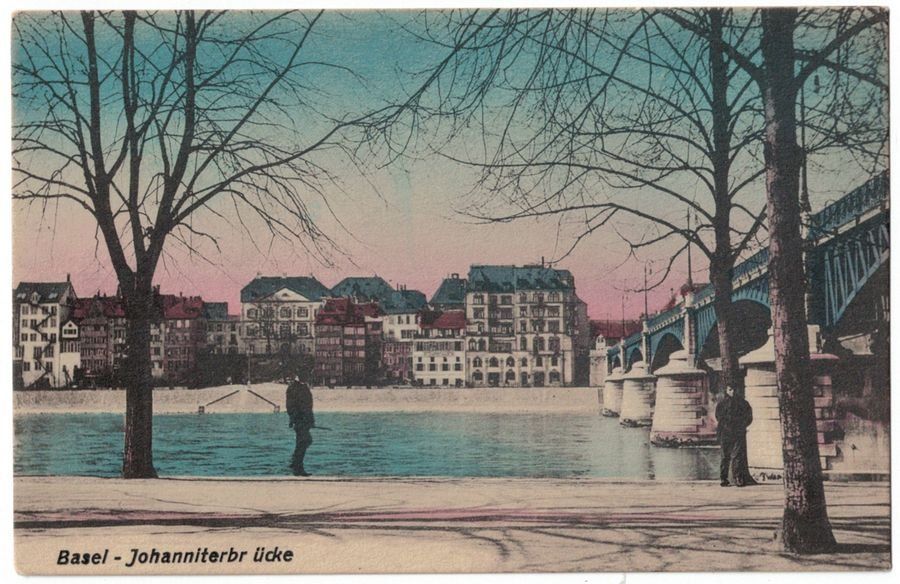 Ansichtskarten: Basel, Johanniterbrücke, belebt, um 1935 – Gebraucht aus Frauenfeld von POML