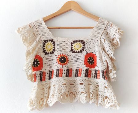 Herzig bauchfrei buntes Boho Häckel Top Shirt Bluse kurz NEU