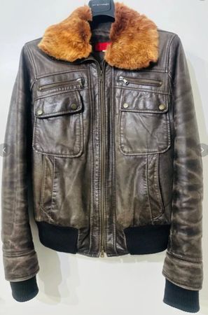 Giacca in pelle uomo marrone con collo pelliccia taglia M