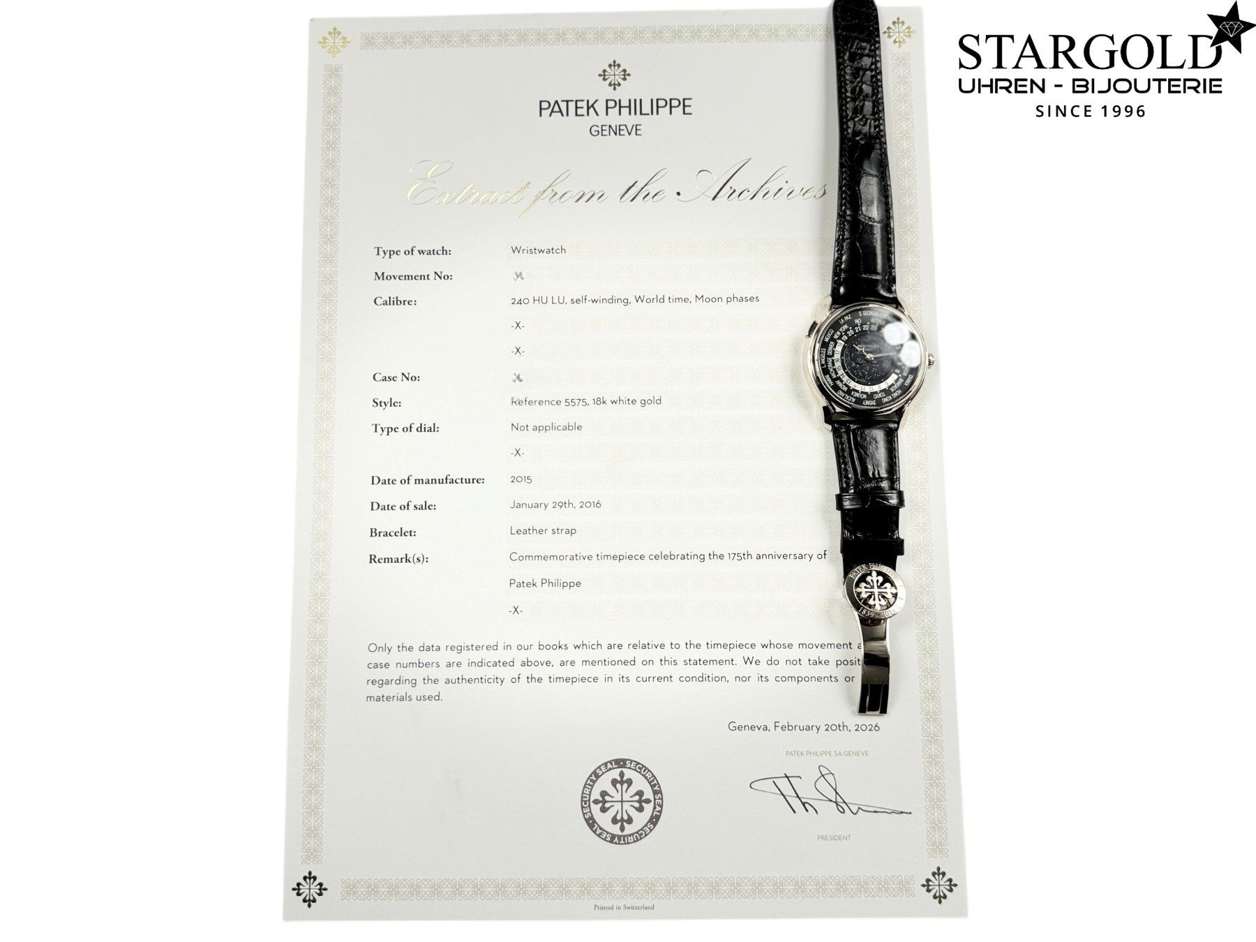 Patek Philippe Orologi: Patek Philippe World Time Anniversary 175th - 5575G – Nuovo e nell'imballaggio originale da Zürich venduto da Stargold-Uhren 7
