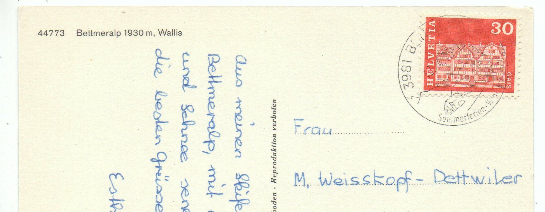 Cartoline postali: BETTMERALP No. 44773 – Usato da Jona venduto da philajona 1