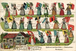 Schweiz  CH  -  Trachten mit Kantonswappen-Fahnen    um 1921