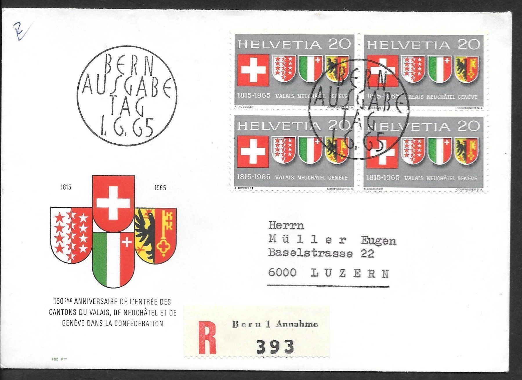 Alle Briefmarken: R-FDC Nr. 432 Viererblock ET Bern 1.6.1965 – Neu (gemäss Beschreibung) aus Olten von clotaldi