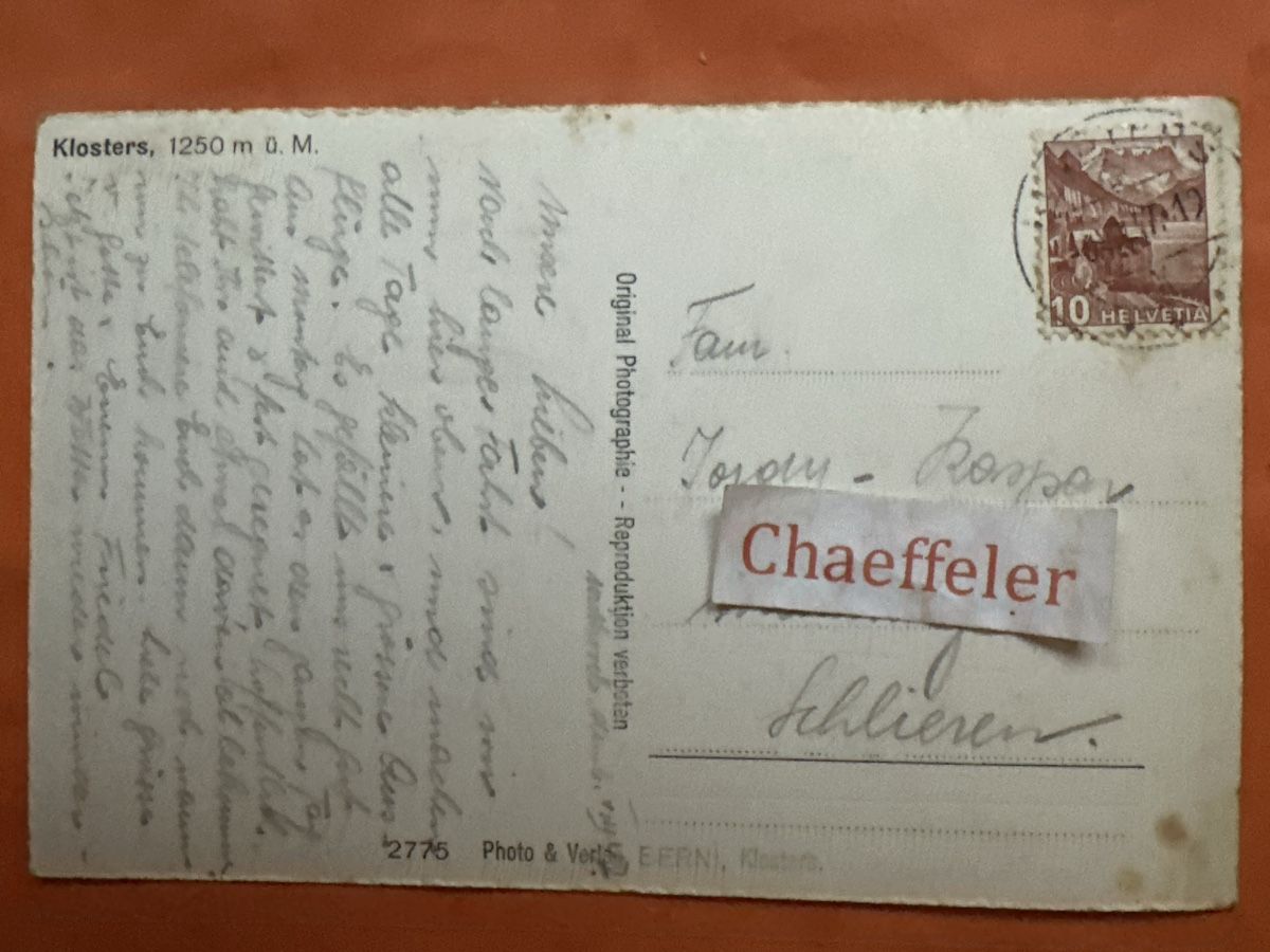 Cartoline postali: 1947  Klosters 1250 m ü.M. – Usato da Zürich venduto da Chaeffeler 1