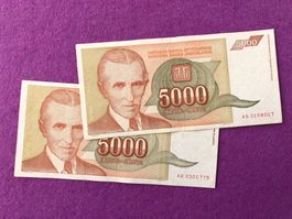 Belgrad 1993 - Nikola Tesla - 2x5000 Dinara - Jugoslawien