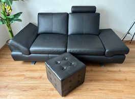Sofa, Leder, schwarz, mit Hocker