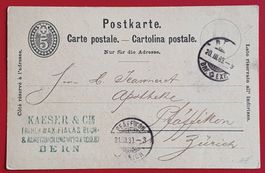 GANZSACHE PK KAESER BERN JEANNERET PFÄFFIKON ZÜRICH 1889