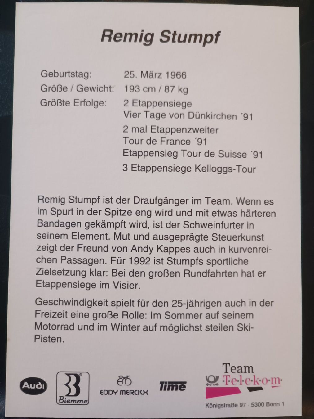 Autografi: Remig Stumpf - Radsport - Handsigniert – Usato da Menziken venduto da Artographs 1