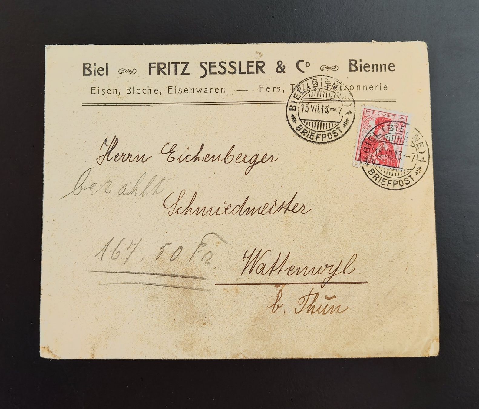 Buste & buste per spedizione: Couvert Sessler Biel 1913 – Usato da Lenzburg venduto da Dani_Lenzburg