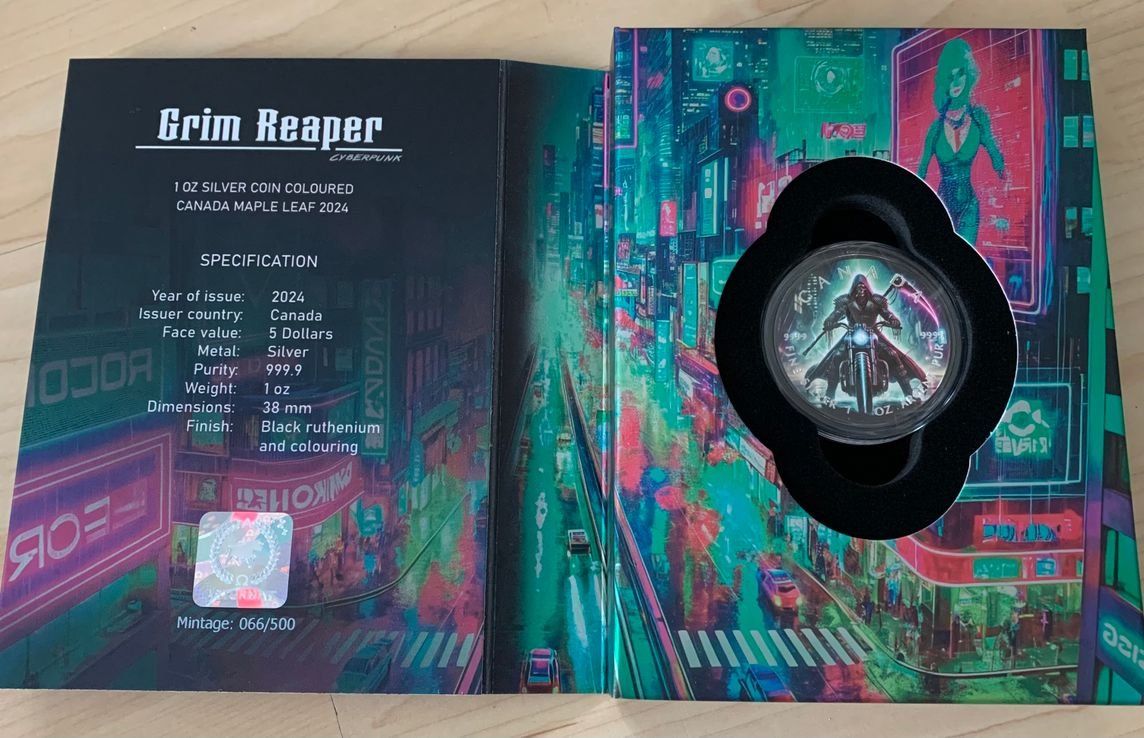 Tutti le monete: Grim Reaper Cyberpunk 2024 Maple Leaf 1oz SILBER -COLOR EDIT – Nuovo (secondo la descrizione) da Wetzikon ZH venduto da Nicki6 1