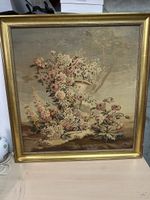 Tapisserie Antique Bouquet Fleurs Cadre Doré Décoration Vint
