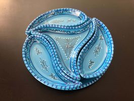 Plateau apéritif céramique bleu motif peint état neuf