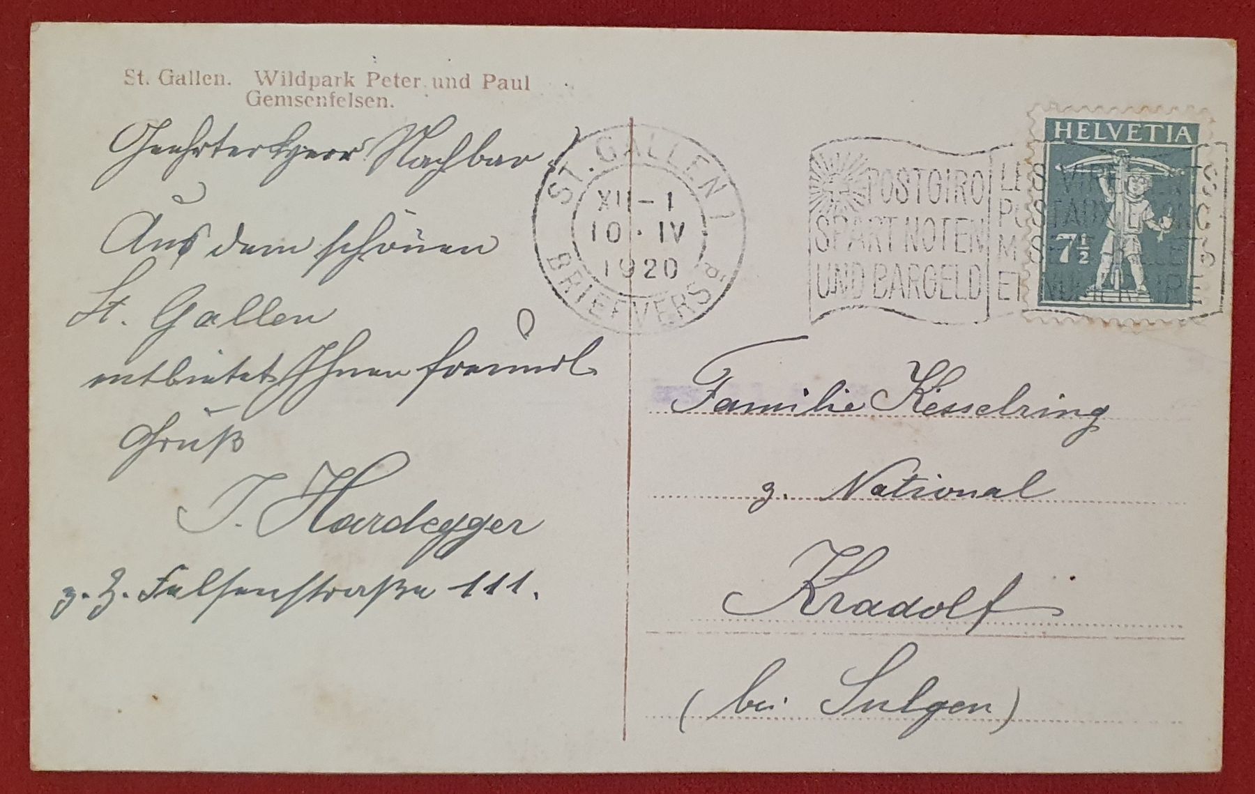 Cartoline postali: St. Gallen, Wildpark Peter & Paul 1920 – Usato da Kreuzlingen venduto da Rschweiz1 1