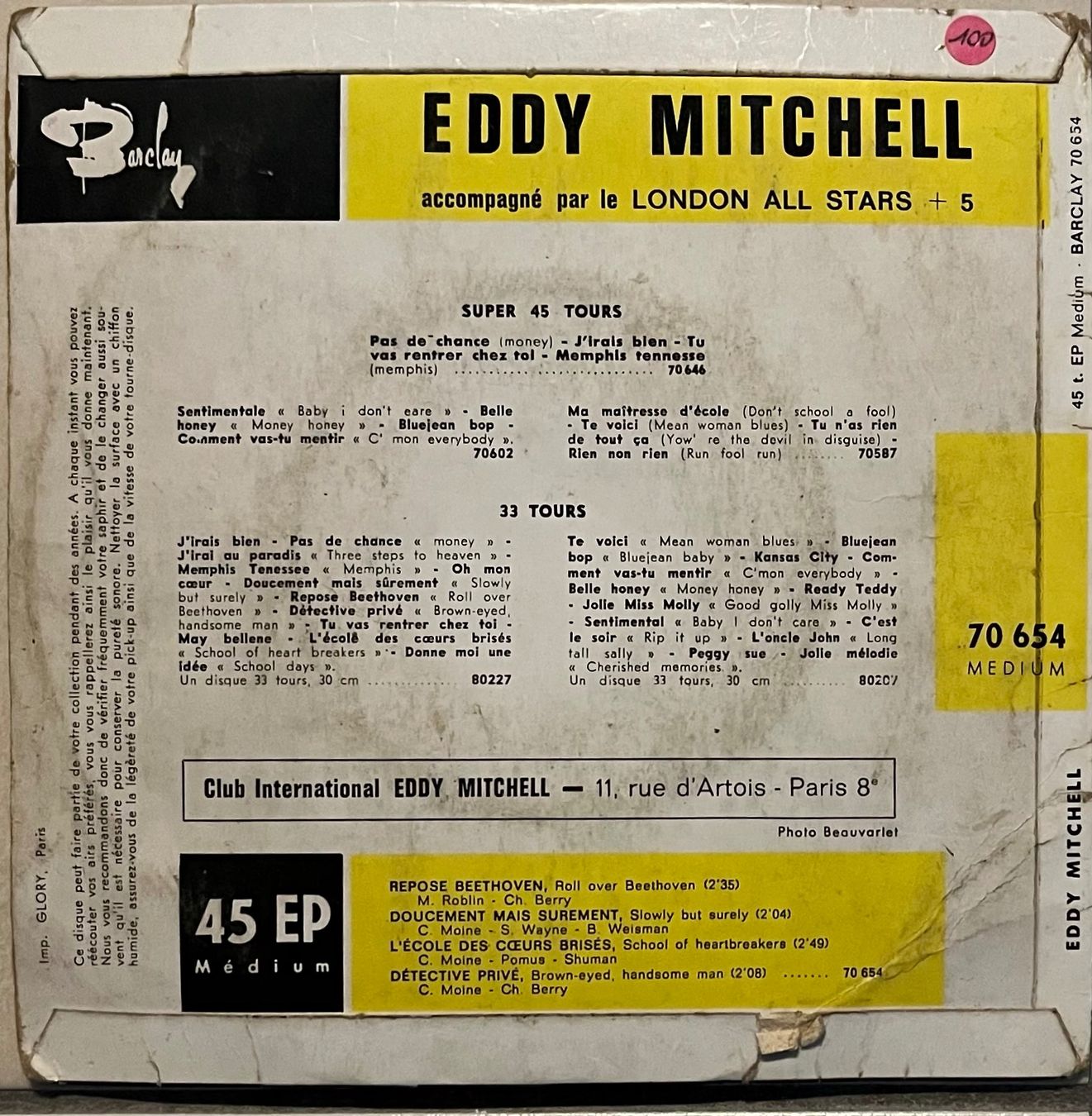 Dischi in vinile: EDDY MITCHELL - REPOSE BEETHOVEN – Usato da Bussigny venduto da vinyl-pas-cher 1